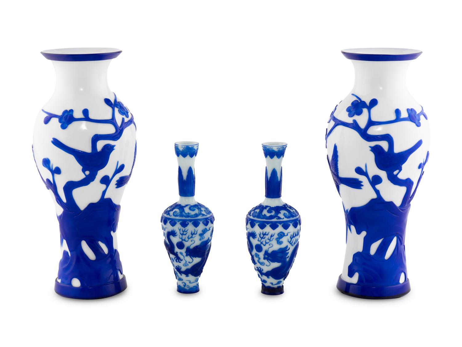 Two Pairs of Chinese Blue Overlay Opaque White Peking Glass Vases