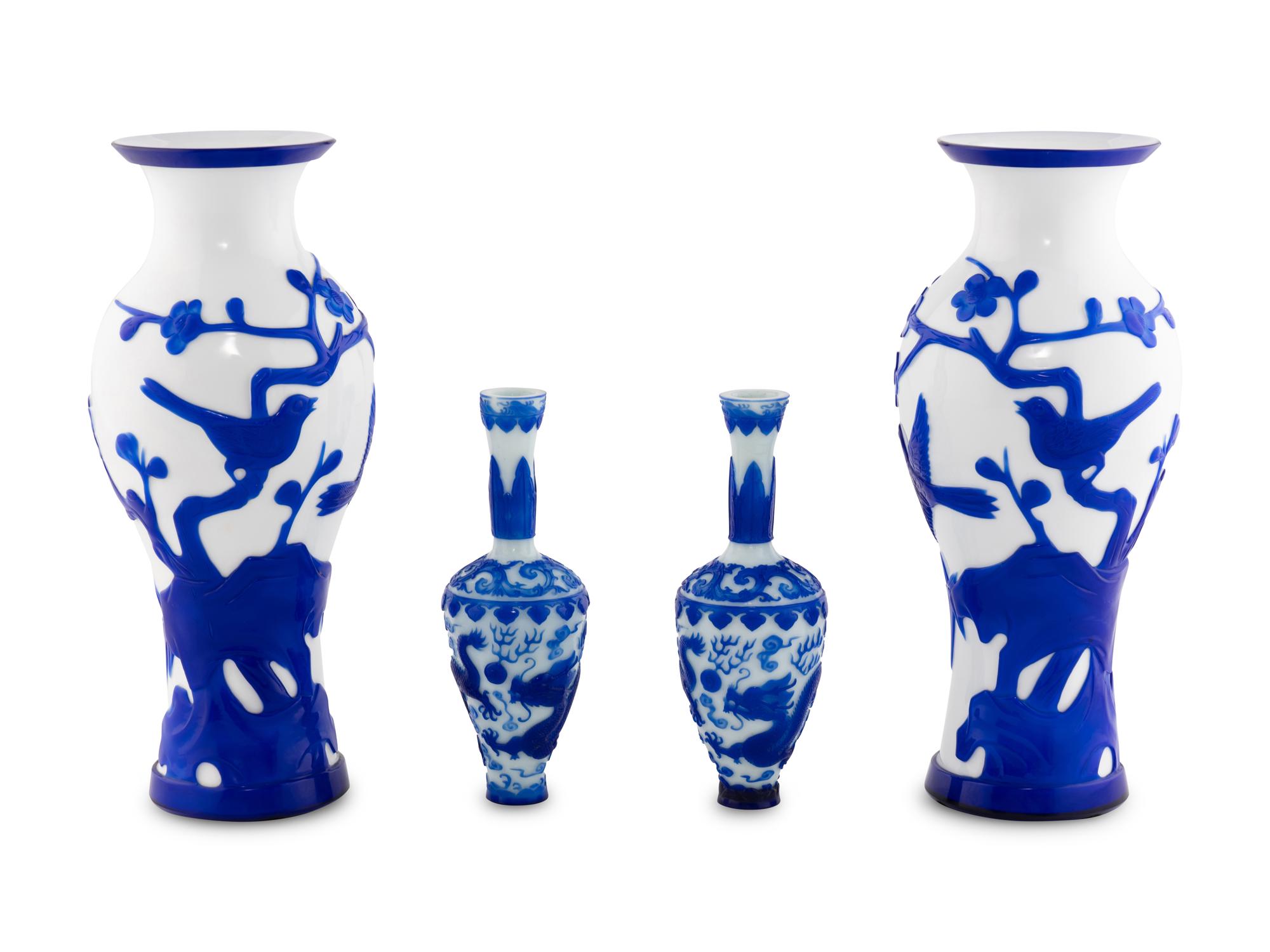 Two Pairs of Chinese Blue Overlay Opaque White Peking Glass Vases