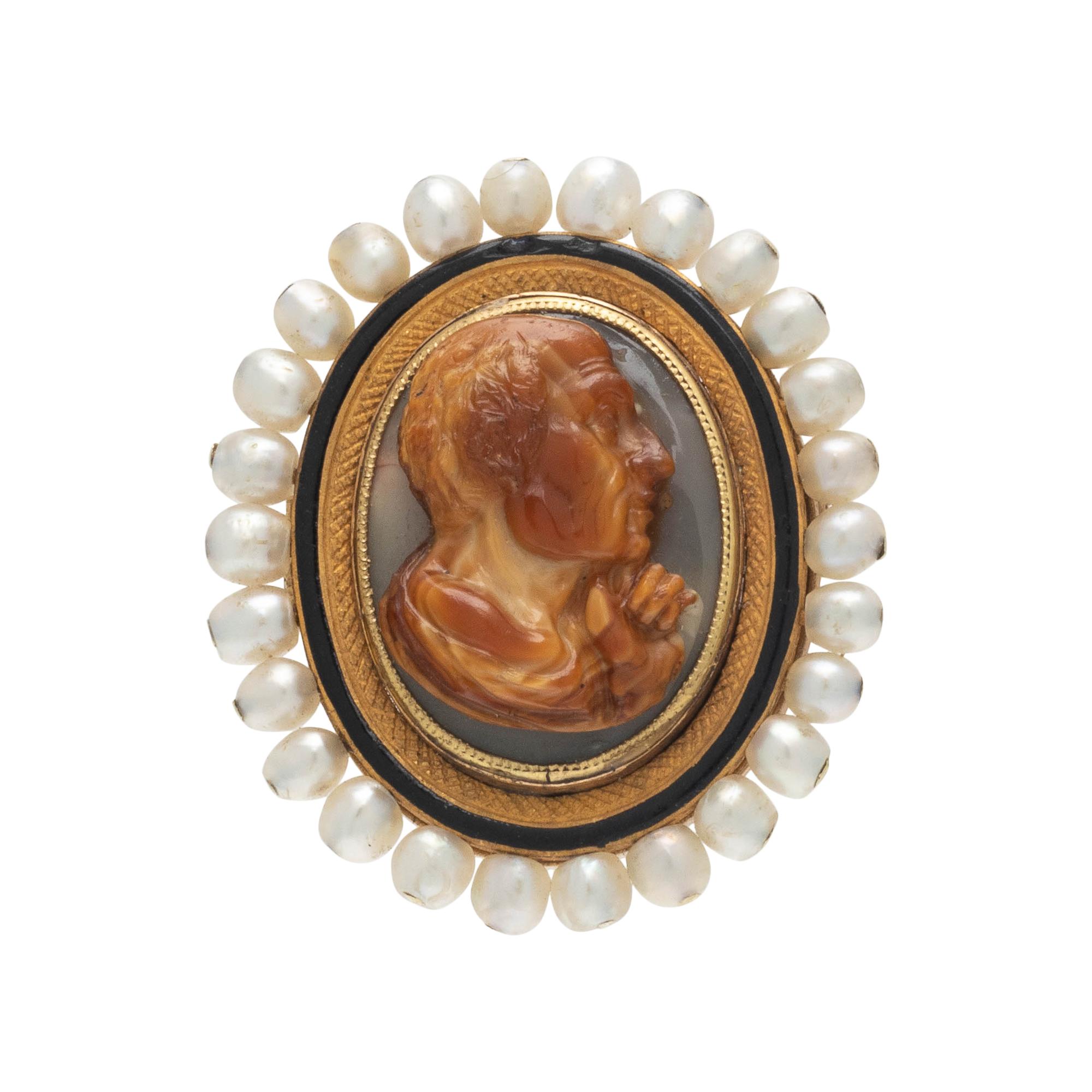 ANTIQUE, AGATE CAMEO, ENAMEL AND PEARL BROOCH