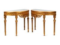 A Pair of Louis XVI Style Giltwood Demilune Marble-Top Console Tables