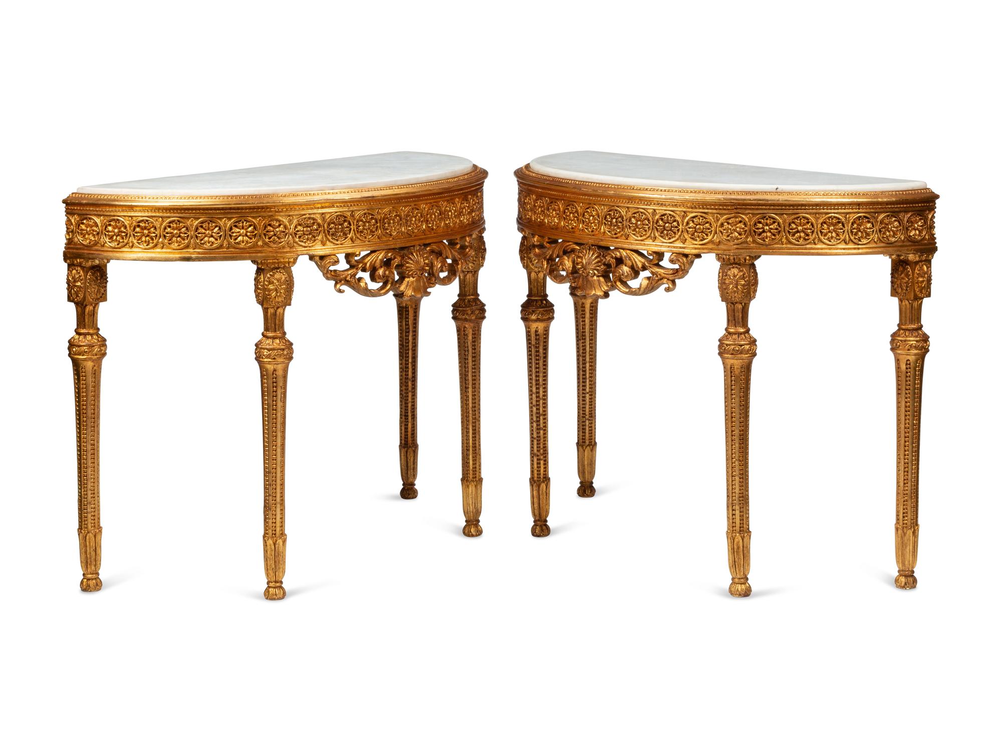 A Pair of Louis XVI Style Giltwood Demilune Marble-Top Console Tables