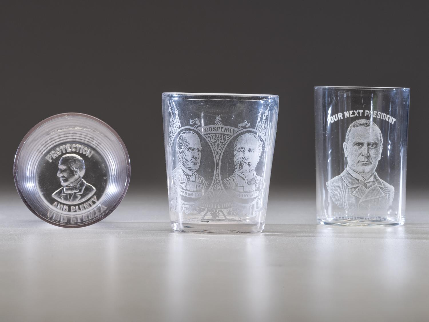 McKINLEY, William (1843-1901). A group of broadsides, glasses, textiles, and other ephemera related to the 1896 and 1900 presidential campaigns of William McKinley.
