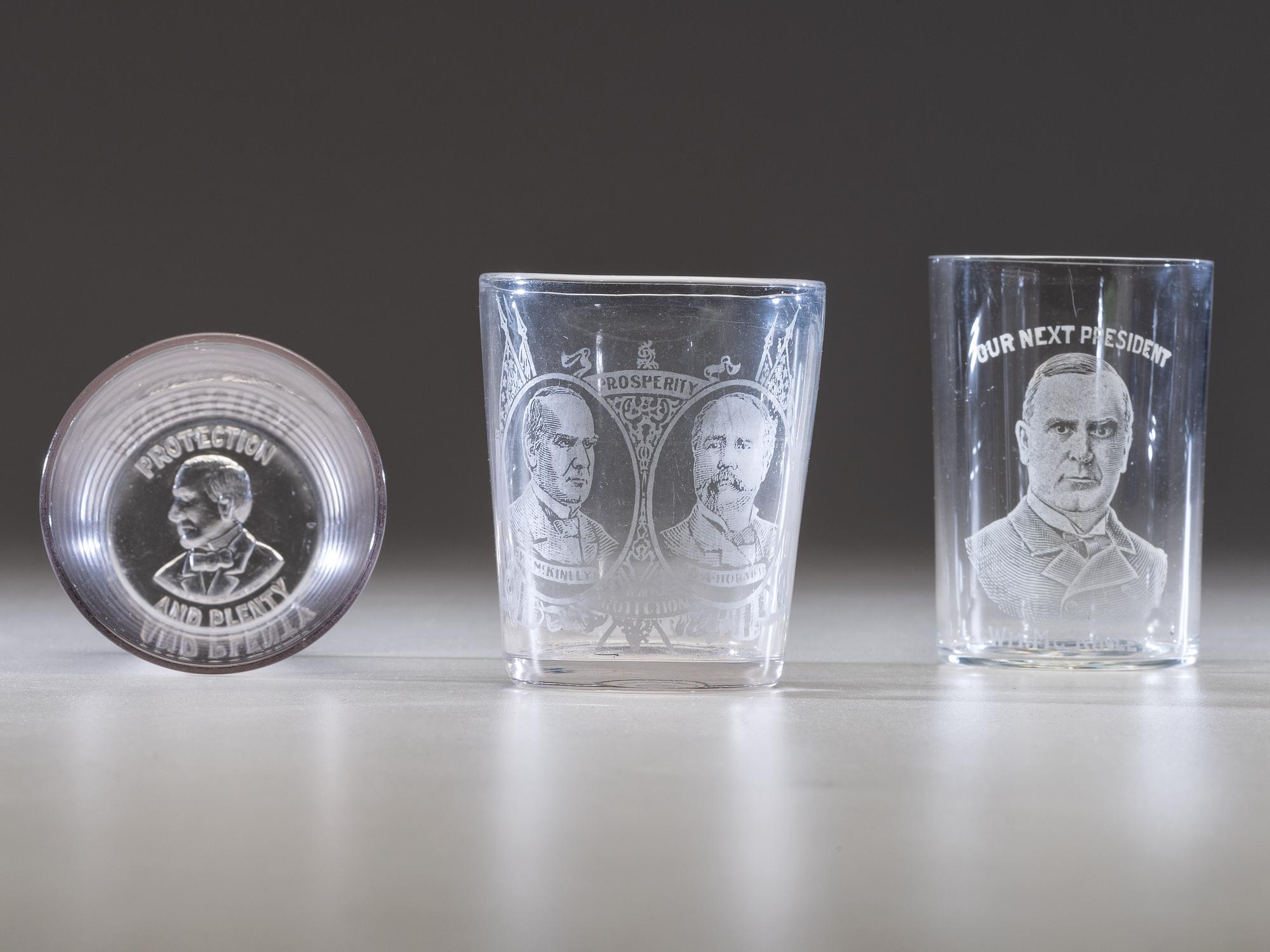 McKINLEY, William (1843-1901). A group of broadsides, glasses, textiles, and other ephemera related to the 1896 and 1900 presidential campaigns of William McKinley.