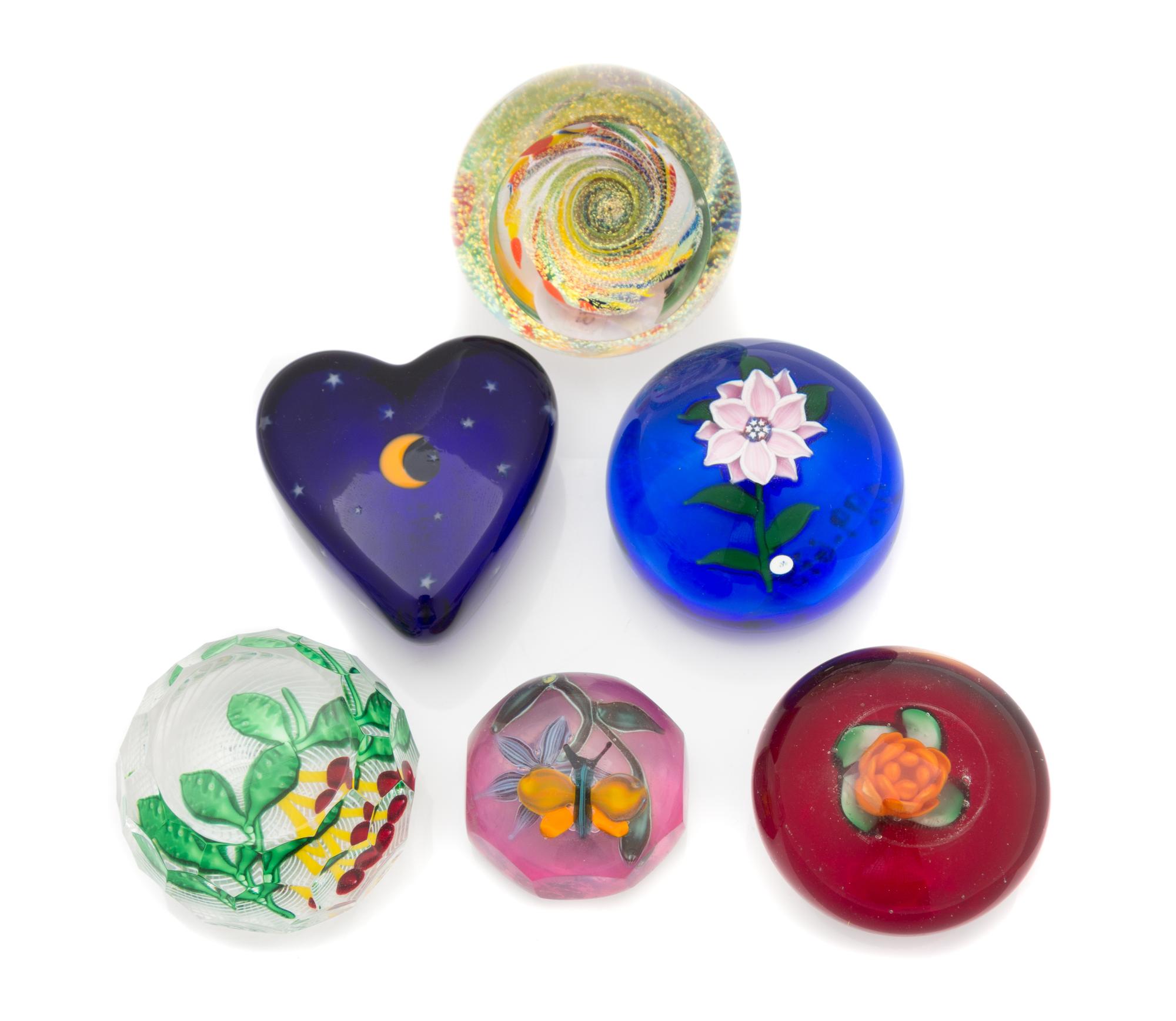 Six Miniature Glass Paperweights Diameter of largest 2 1/4 inches