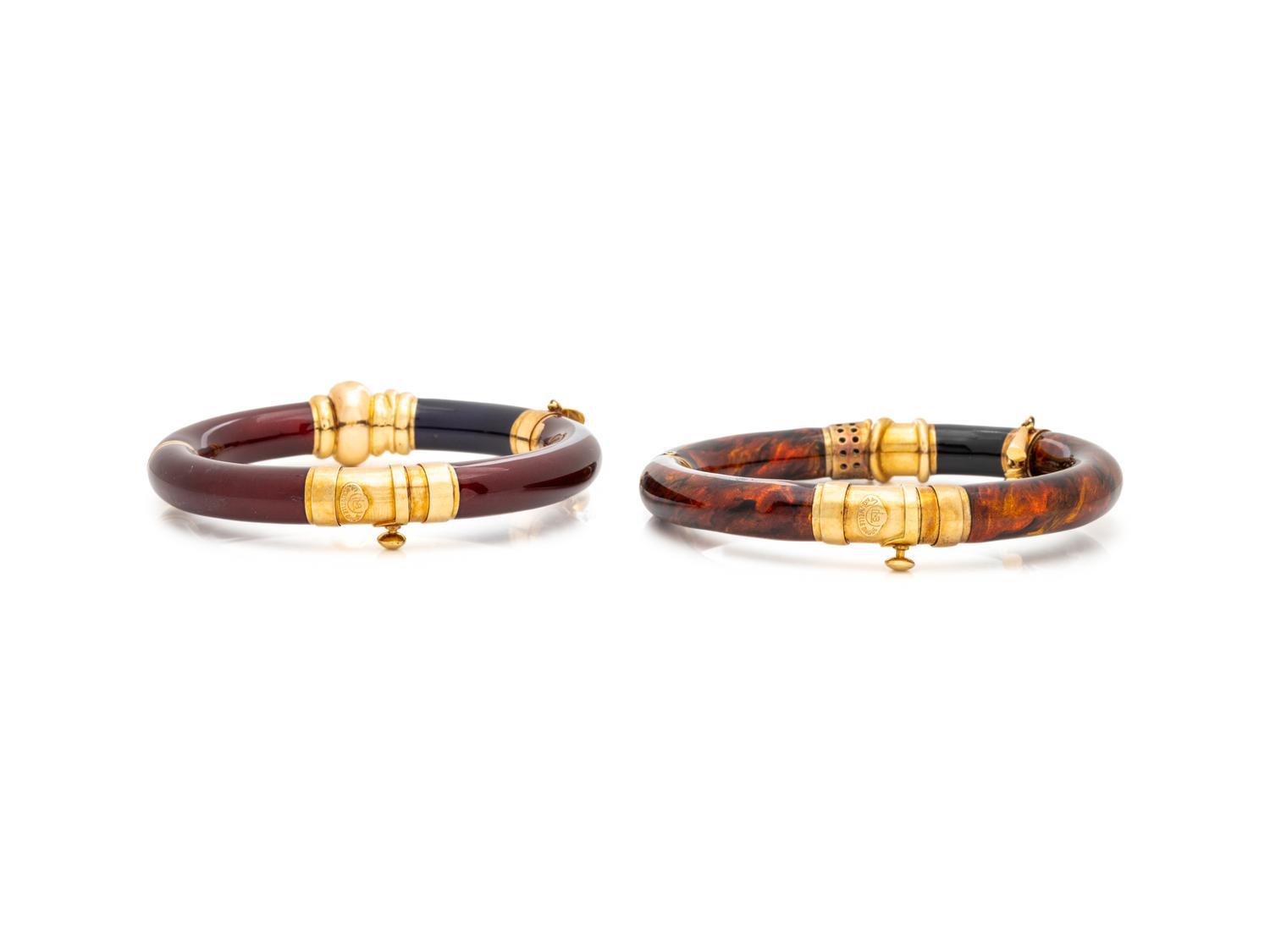 LA NOUVELLE BAGUE, PAIR OF STERLING SILVER, YELLOW GOLD-TOPPED SILVER AND ENAMEL BANGLE BRACELETS