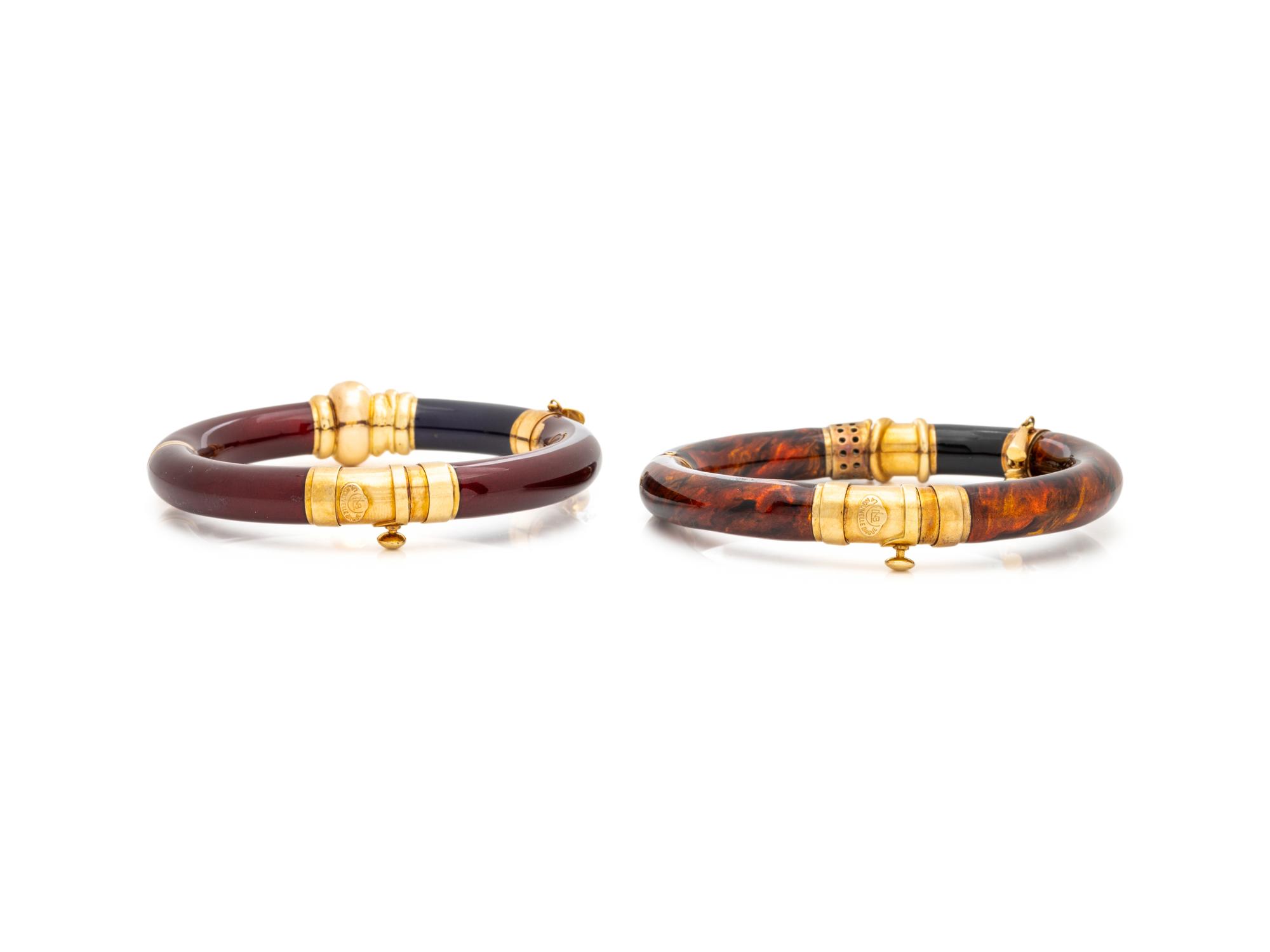 LA NOUVELLE BAGUE, PAIR OF STERLING SILVER, YELLOW GOLD-TOPPED SILVER AND ENAMEL BANGLE BRACELETS