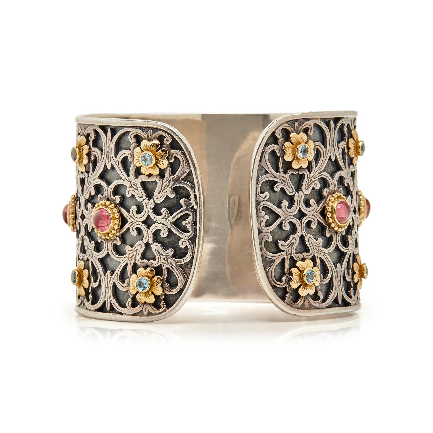 KONSTANTINO, SILVER, YELLOW GOLD, AND MULTI GEM CUFF BRACELET