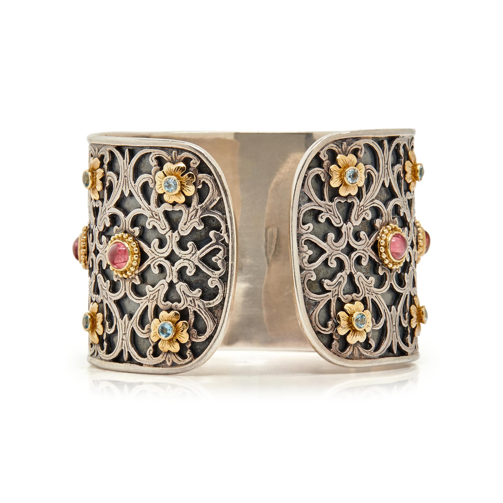 KONSTANTINO, SILVER, YELLOW GOLD, AND MULTI GEM CUFF BRACELET