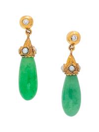A Pair of Yellow Gold, Jade, Diamond and Seed Pearl Earrings,