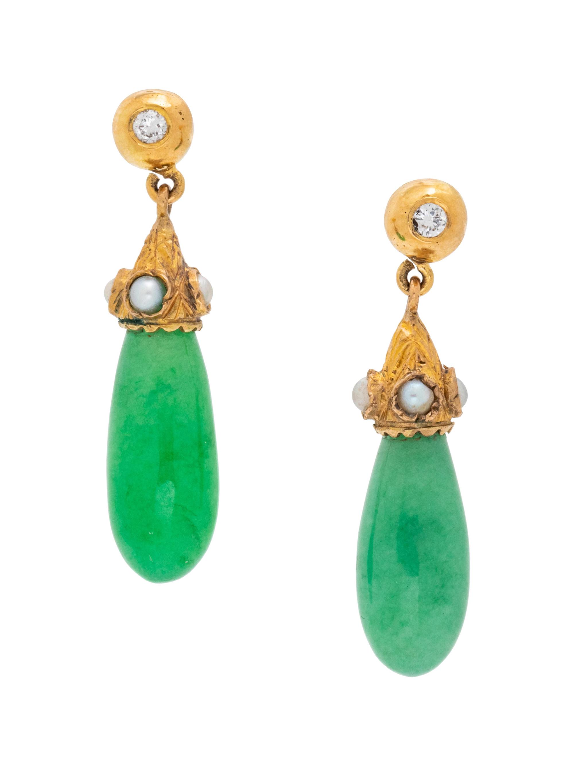 A Pair of Yellow Gold, Jade, Diamond and Seed Pearl Earrings,