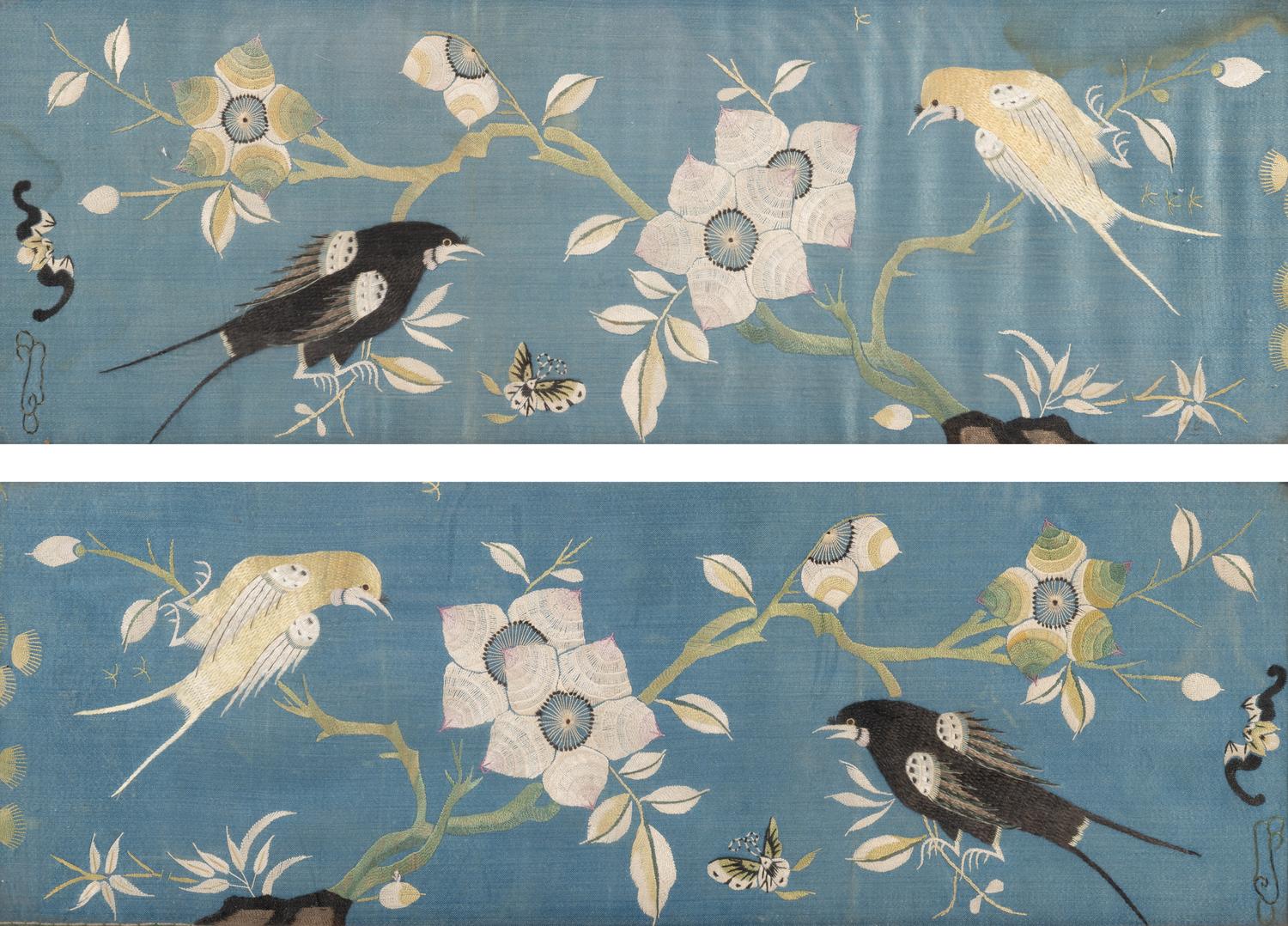 A Pair of Chinese Blue Ground Embroidered Silk 'Bird' Panels