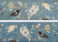A Pair of Chinese Blue Ground Embroidered Silk 'Bird' Panels