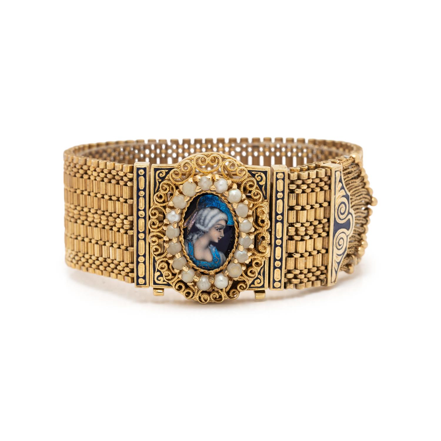 YELLOW GOLD, SEED PEARL, AND ENAMEL CONVERTIBLE SURPRISE WATCH