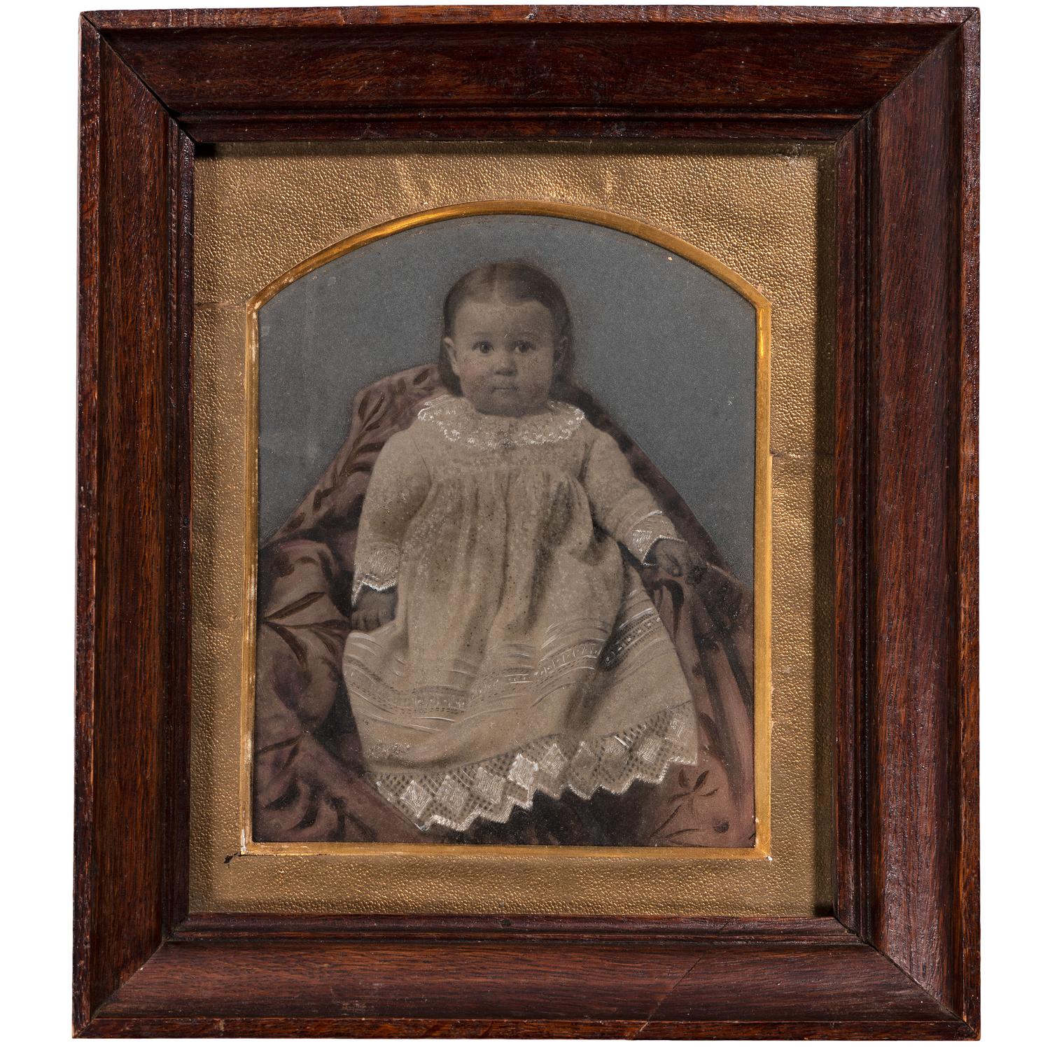 [EARLY PHOTOGRAPHY - PORTRAITURE]. A group of 7 folk art hand-painted tintypes featuring children, including: