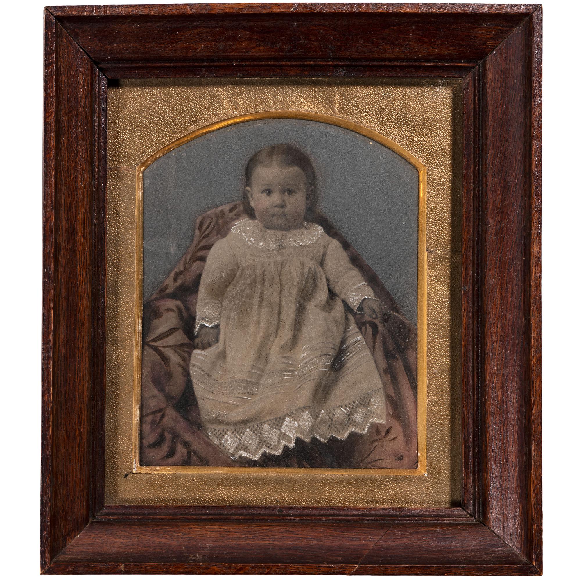 [EARLY PHOTOGRAPHY - PORTRAITURE]. A group of 7 folk art hand-painted tintypes featuring children, including: