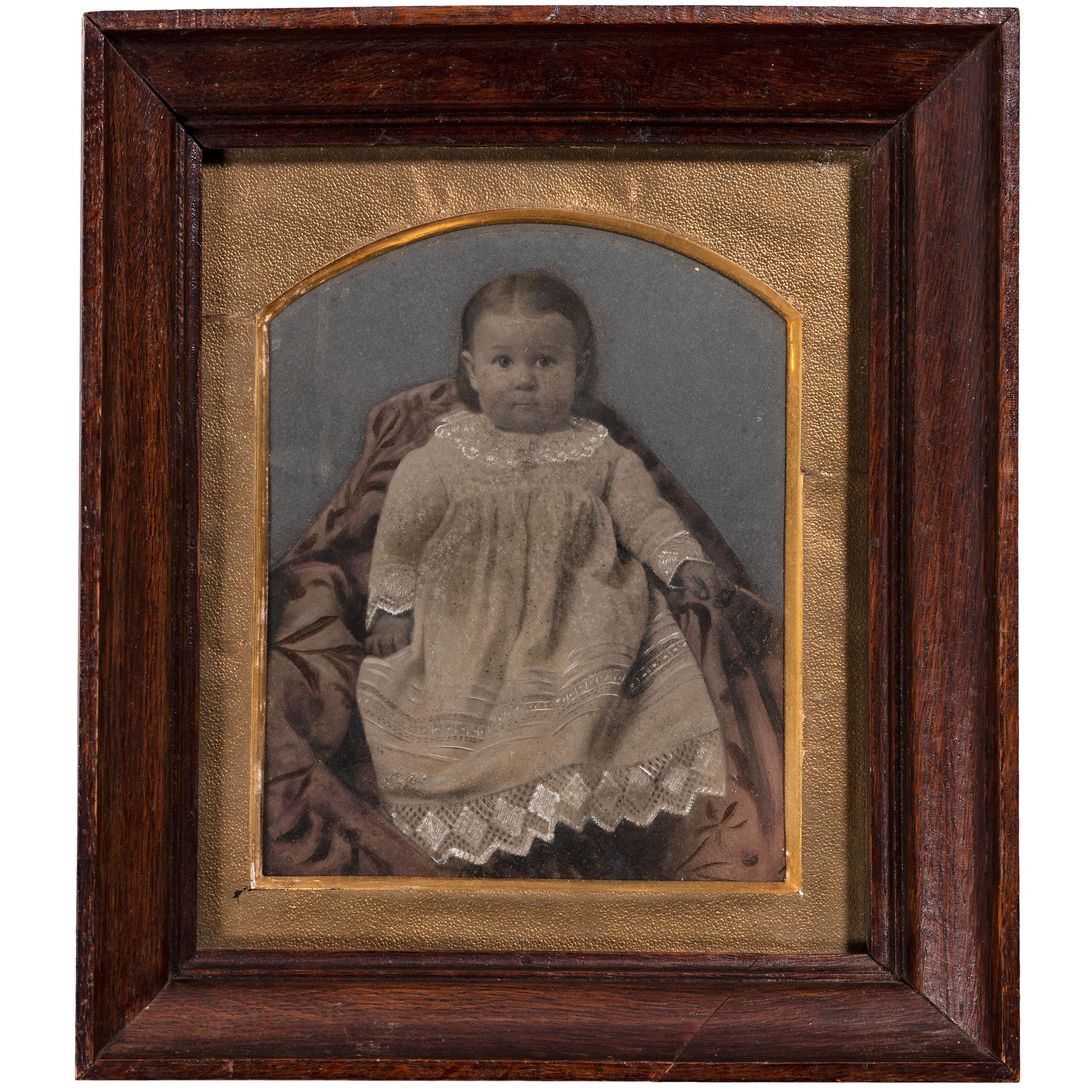 [EARLY PHOTOGRAPHY - PORTRAITURE]. A group of 7 folk art hand-painted tintypes featuring children, including: