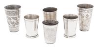 A Group of Six Metal Cups Height of tallest 5 1/2 inches.
