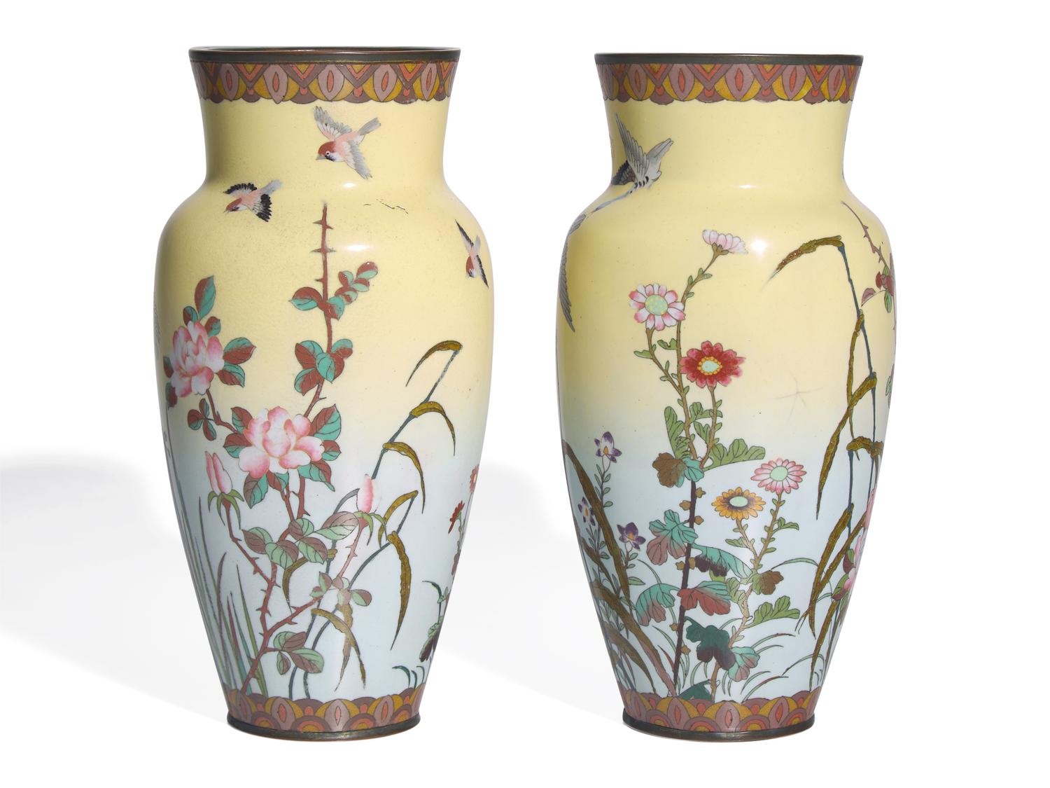 A Pair of Japanese Light Yellow Ground Cloisonne 'Goose' Vases