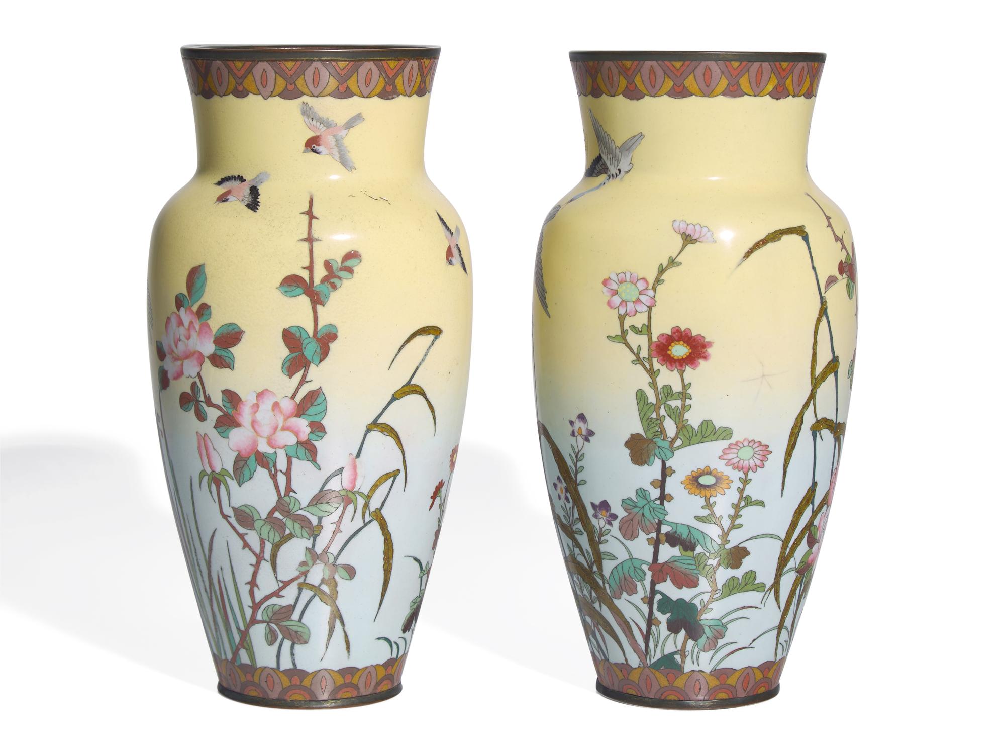 A Pair of Japanese Light Yellow Ground Cloisonne 'Goose' Vases