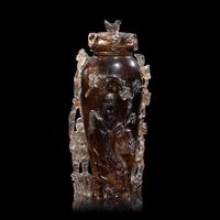 A Chinese Carved Smoky Quartz Vase and Cover 煙晶石鏤雕蓋瓶