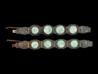 A Pair of Chinese Jadeite Inset Enameled Filigree Bracelets