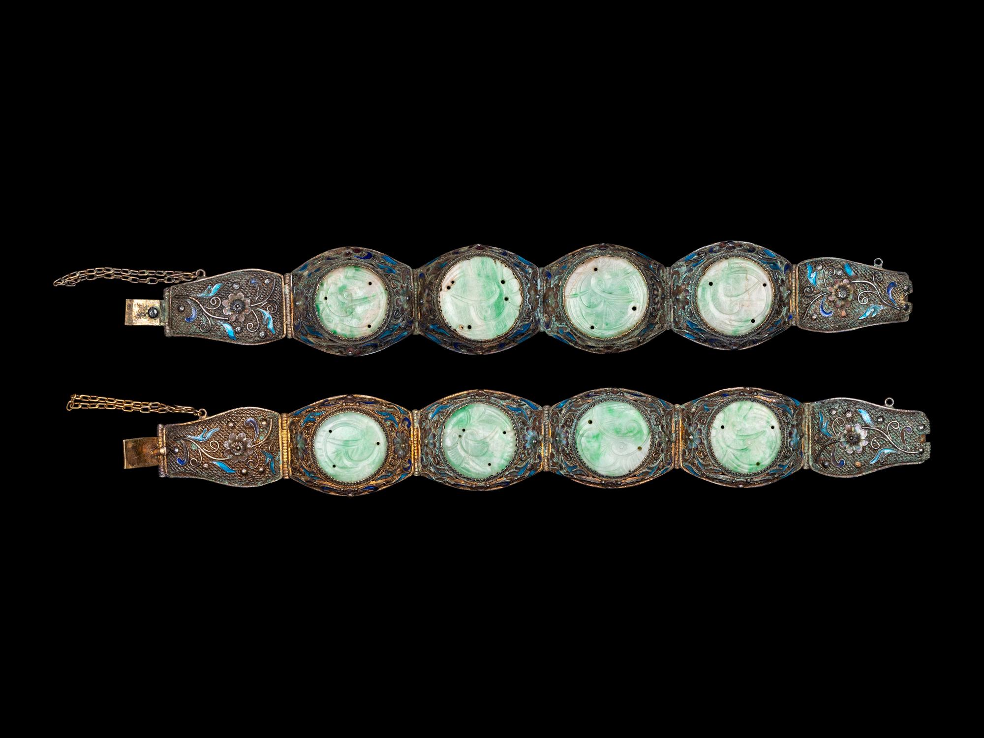 A Pair of Chinese Jadeite Inset Enameled Filigree Bracelets