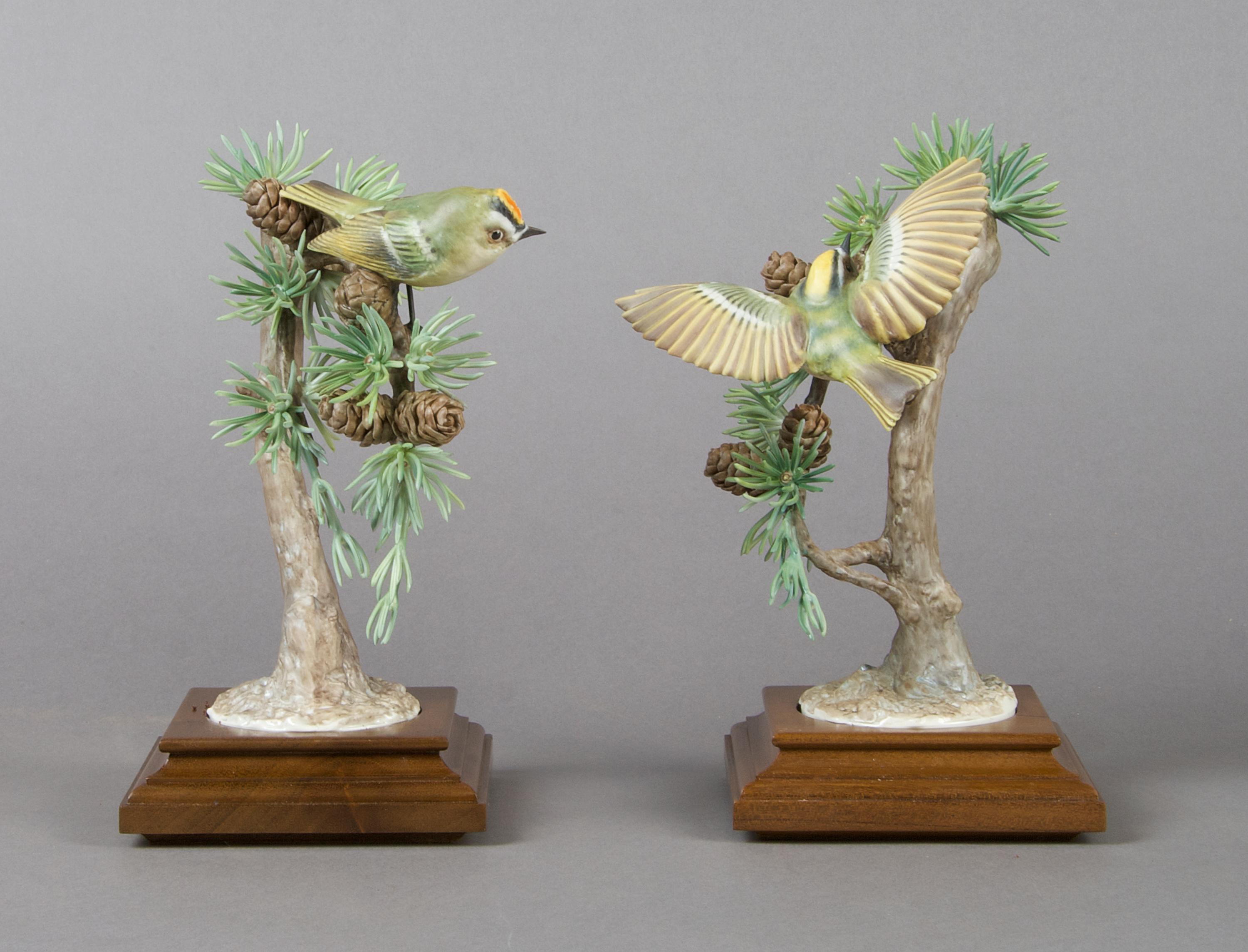 A Pair of Royal Worcester Dorothy Doughty Birds, Gold Crests, Height 8 inches.