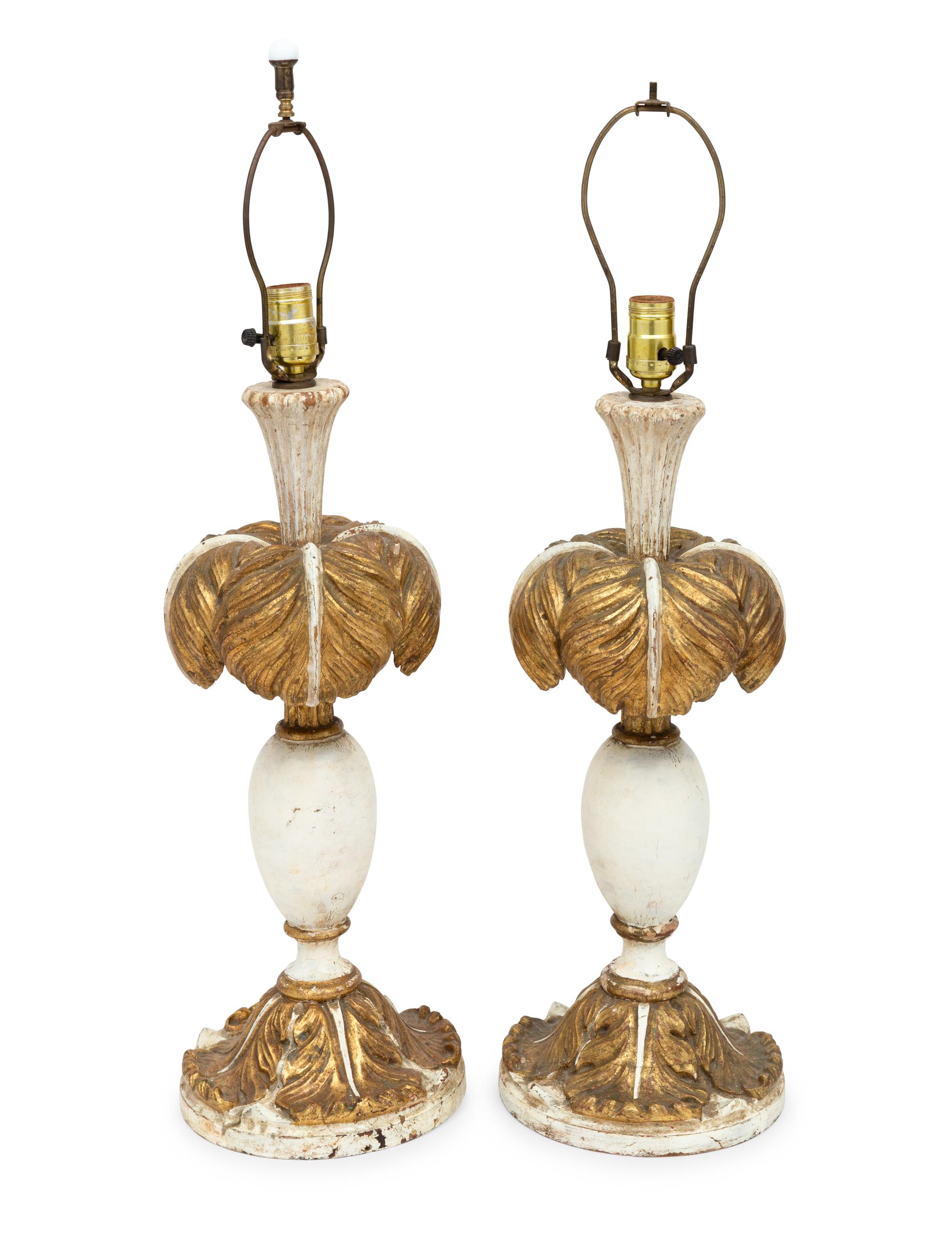 A Pair of Italian Painted and Parcel-Gilt Palm Frond Table Lamps