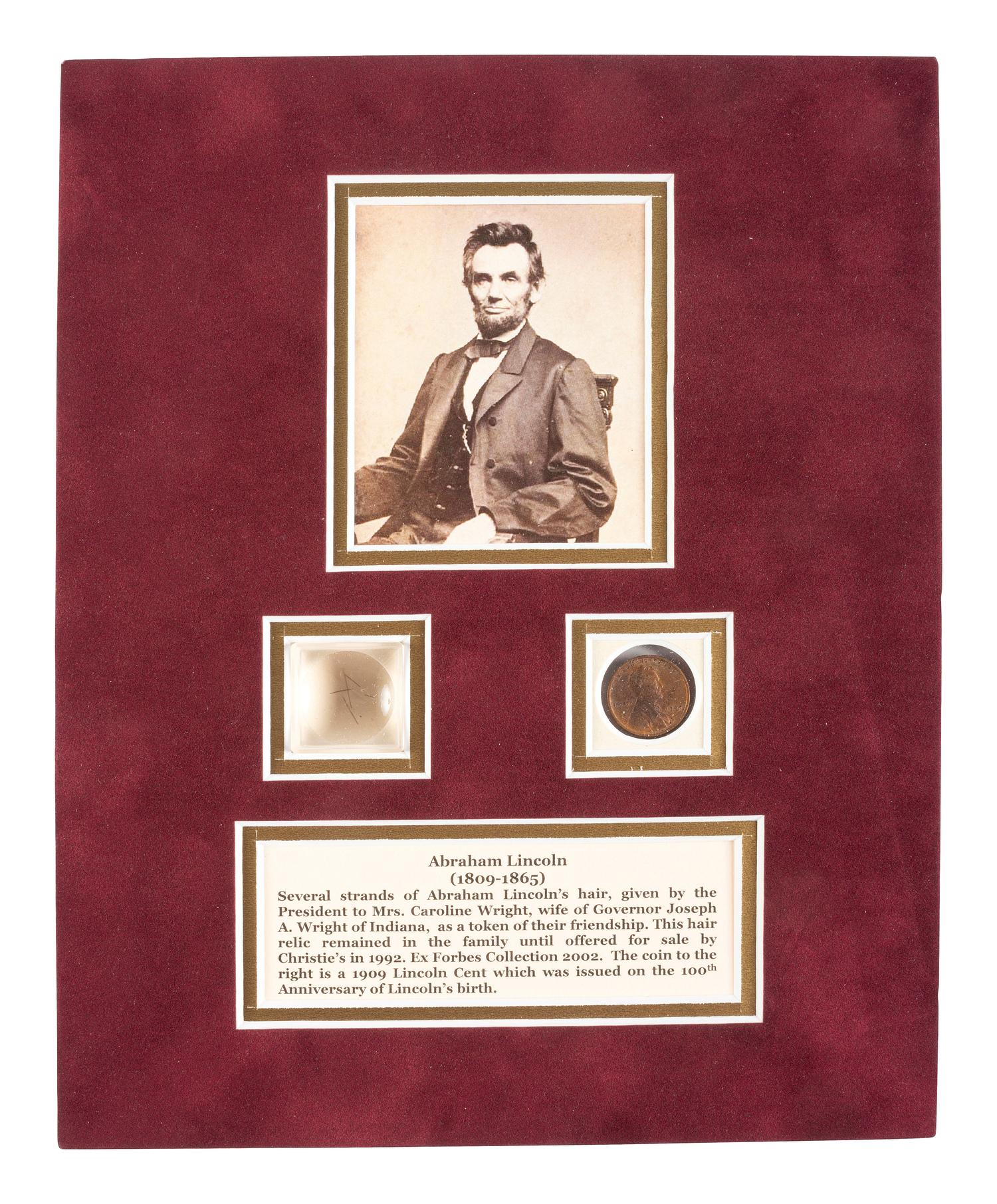 [LINCOLN, Abraham (1809-1865)]. Strands and lock of hair attributed to Abraham Lincoln.
