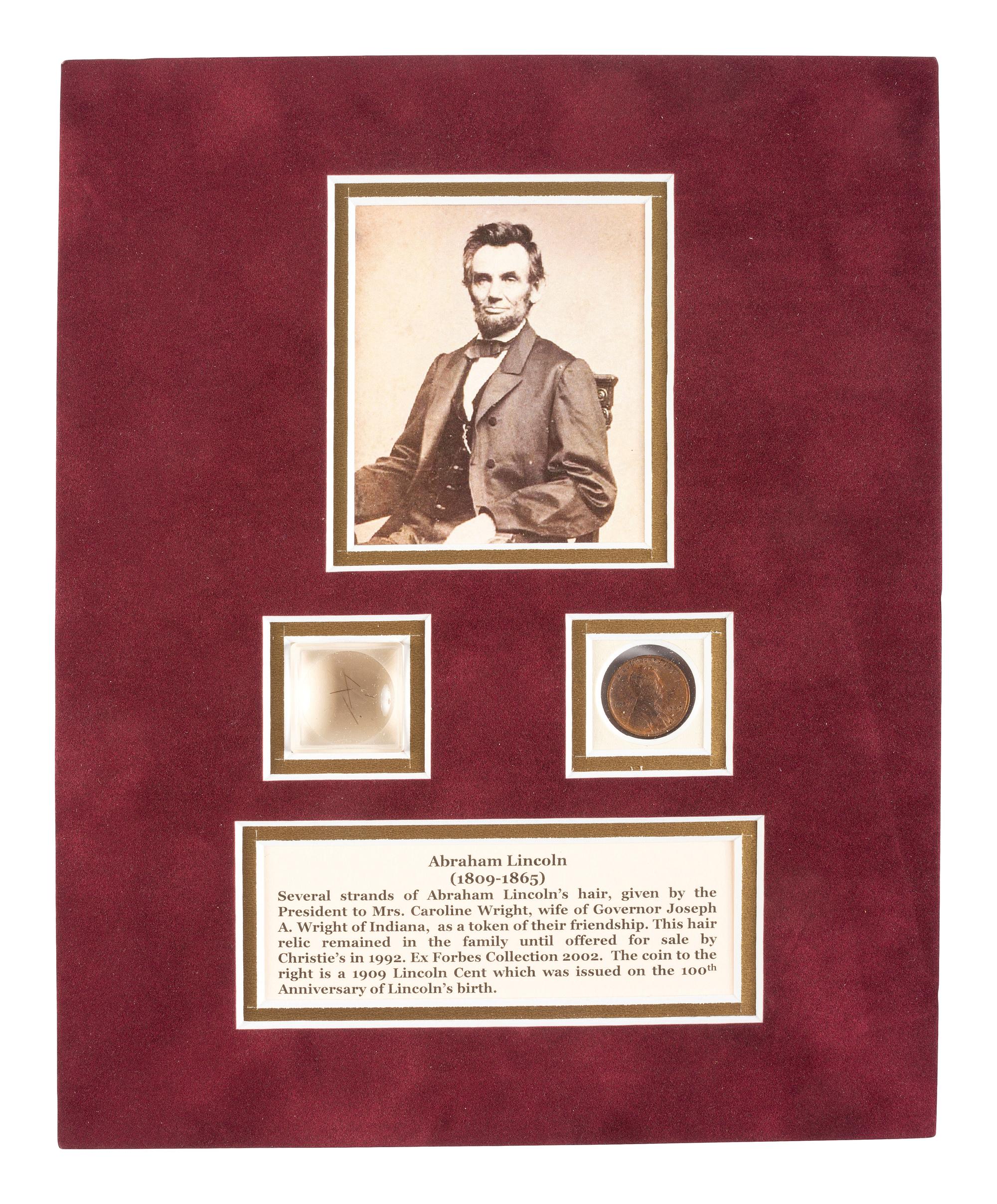 [LINCOLN, Abraham (1809-1865)]. Strands and lock of hair attributed to Abraham Lincoln.