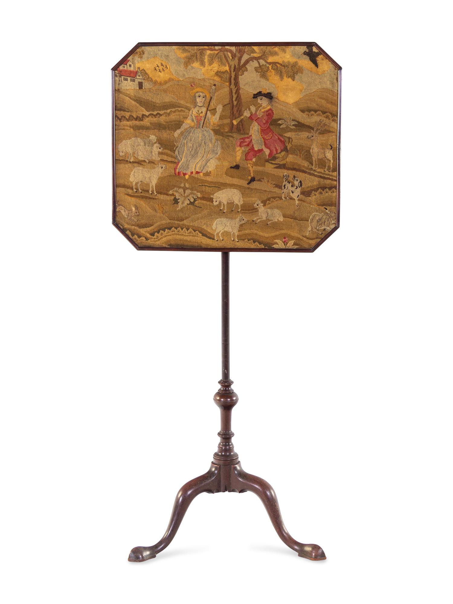 A George II Petit-Point Inset Mahogany Pole Screen