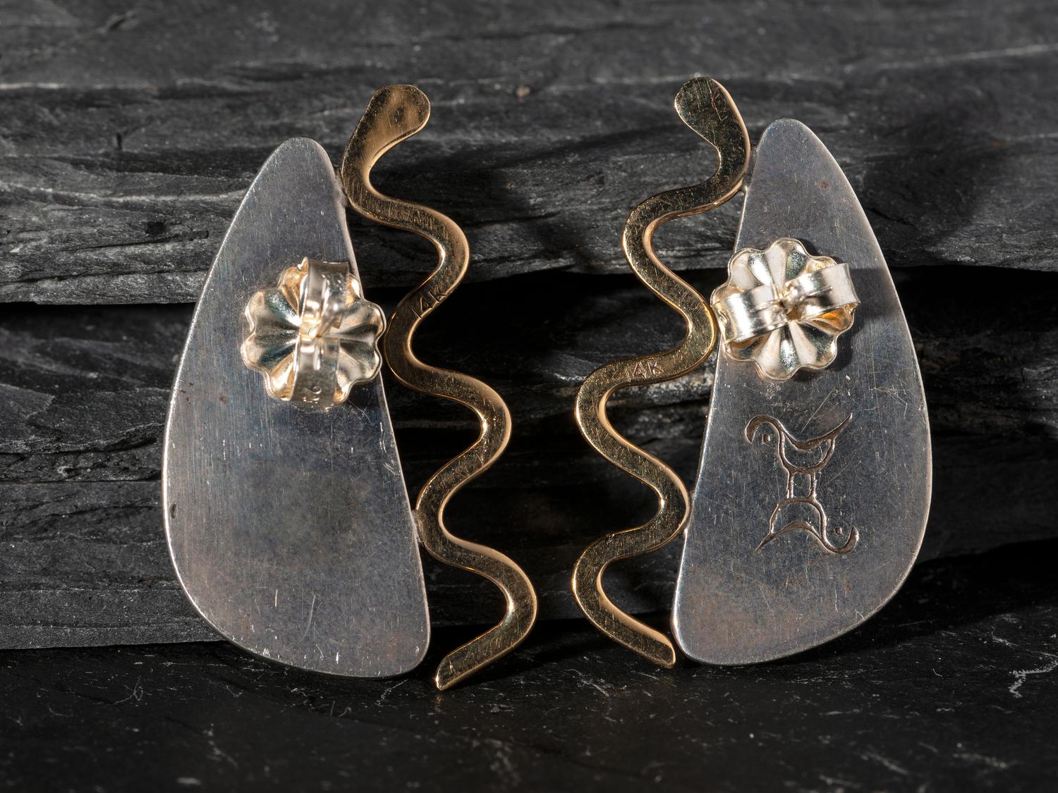 Silver and Turquoise Post Earrings, with 14K Gold Snake Accents