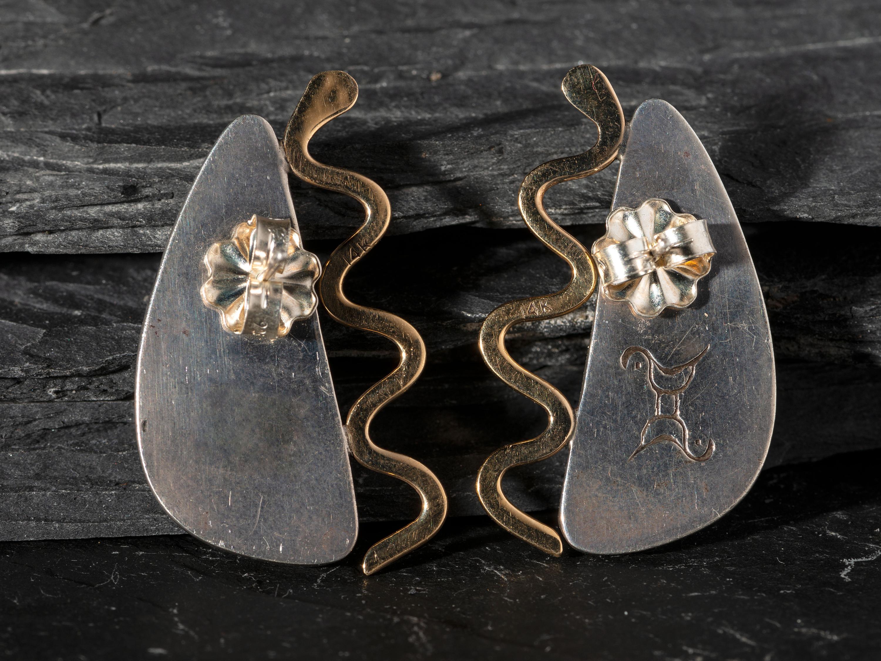 Silver and Turquoise Post Earrings, with 14K Gold Snake Accents