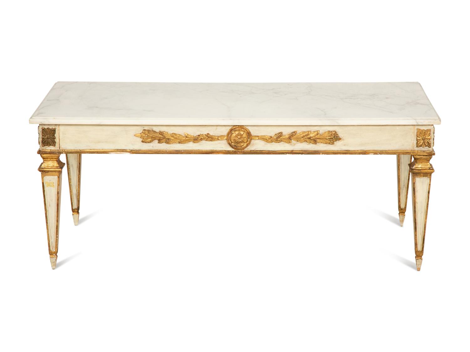 A Continental Painted and Parcel Gilt Marble-Top Low Table