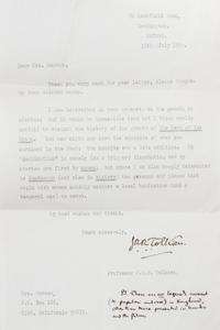 TOLKIEN, J. R. R. Typed letter signed, with mss post-script, 1963. Re: development of the Lord of the Rings universe.