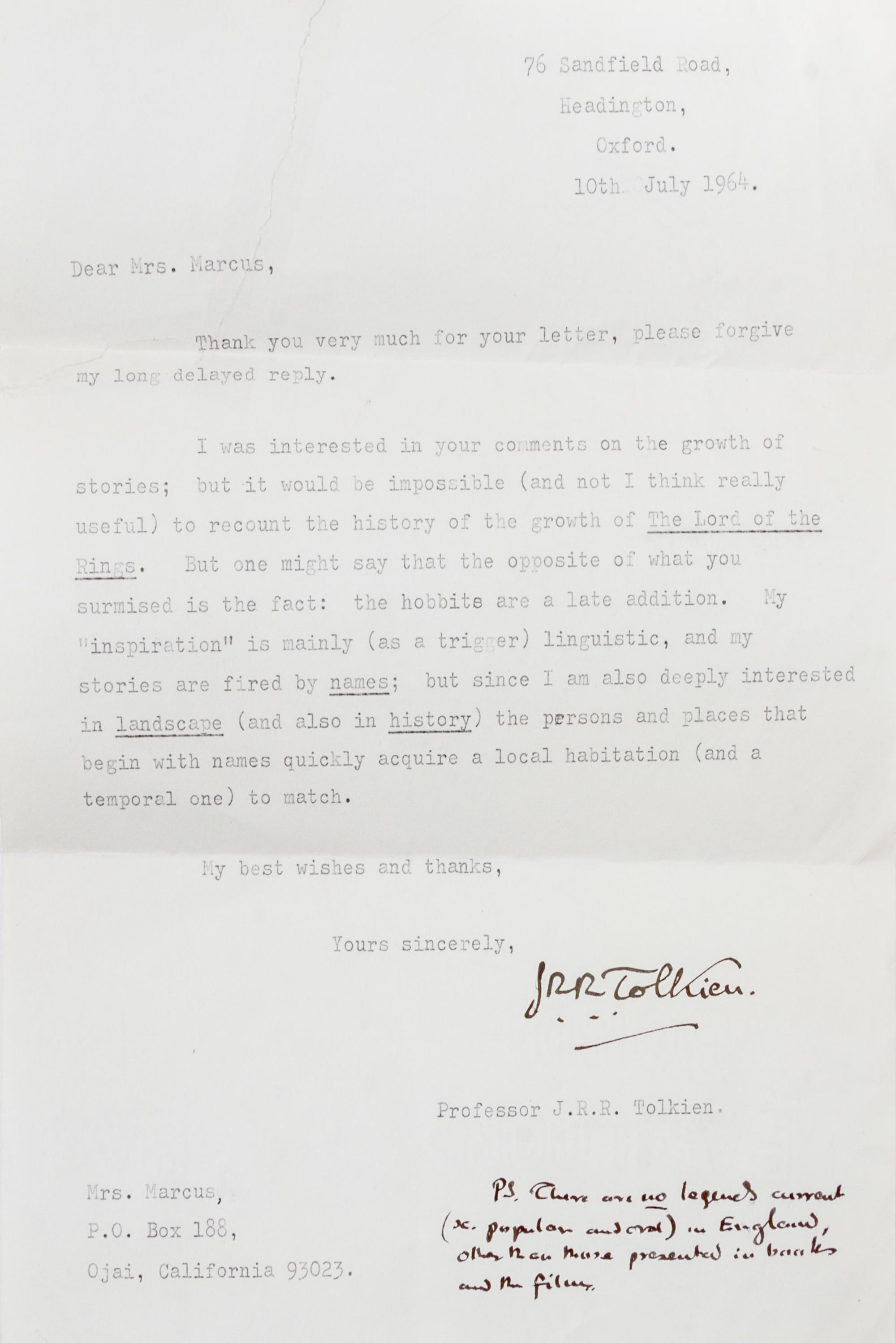 TOLKIEN, J. R. R. Typed letter signed, with mss post-script, 1963. Re: development of the Lord of the Rings universe.