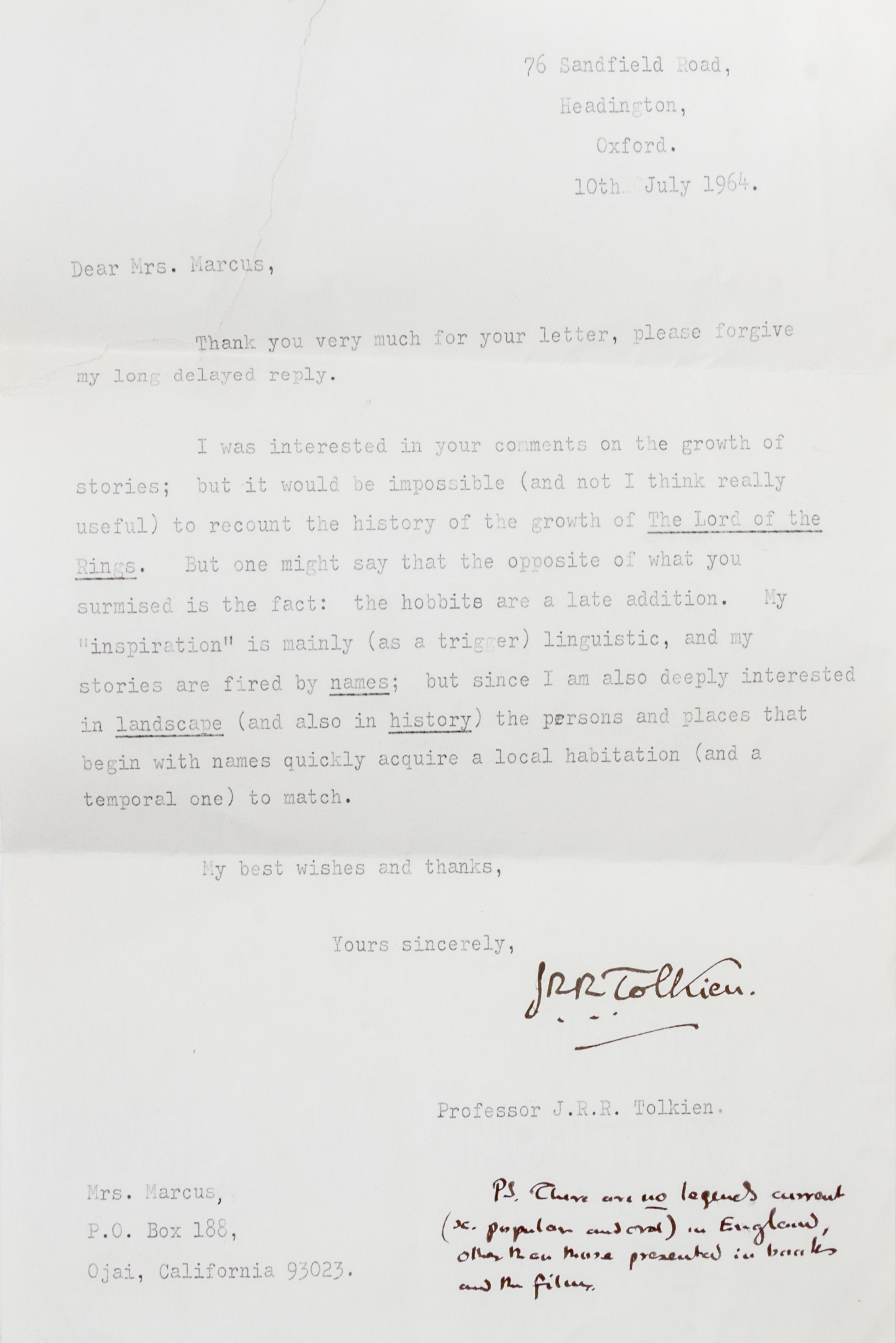 TOLKIEN, J. R. R. Typed letter signed, with mss post-script, 1963. Re: development of the Lord of the Rings universe.
