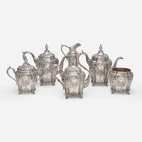 A six-piece coin silver repoussé tea and coffee service Isaac Reed & Son (active c. 1830-1850), Philadelphia, PA, circa 1840