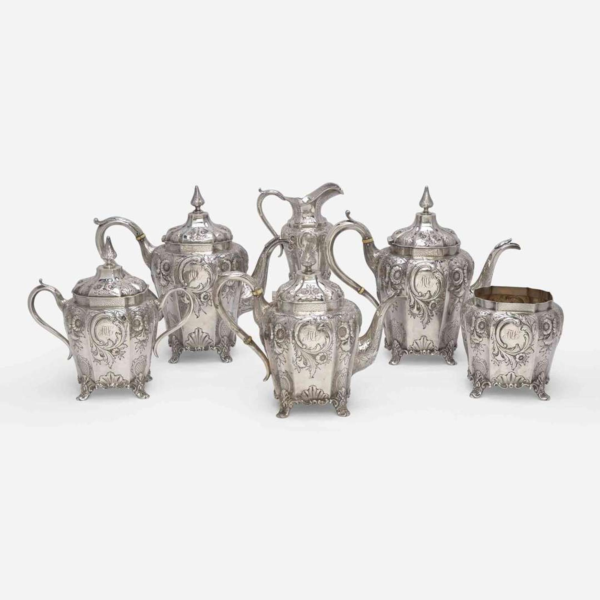 A six-piece coin silver repoussé tea and coffee service Isaac Reed & Son (active c. 1830-1850), Philadelphia, PA, circa 1840