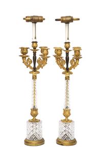 A Pair of Continental Gilt Bronze and Cut Glass Table Lamps Height 31 inches. — 20TH CENTURY