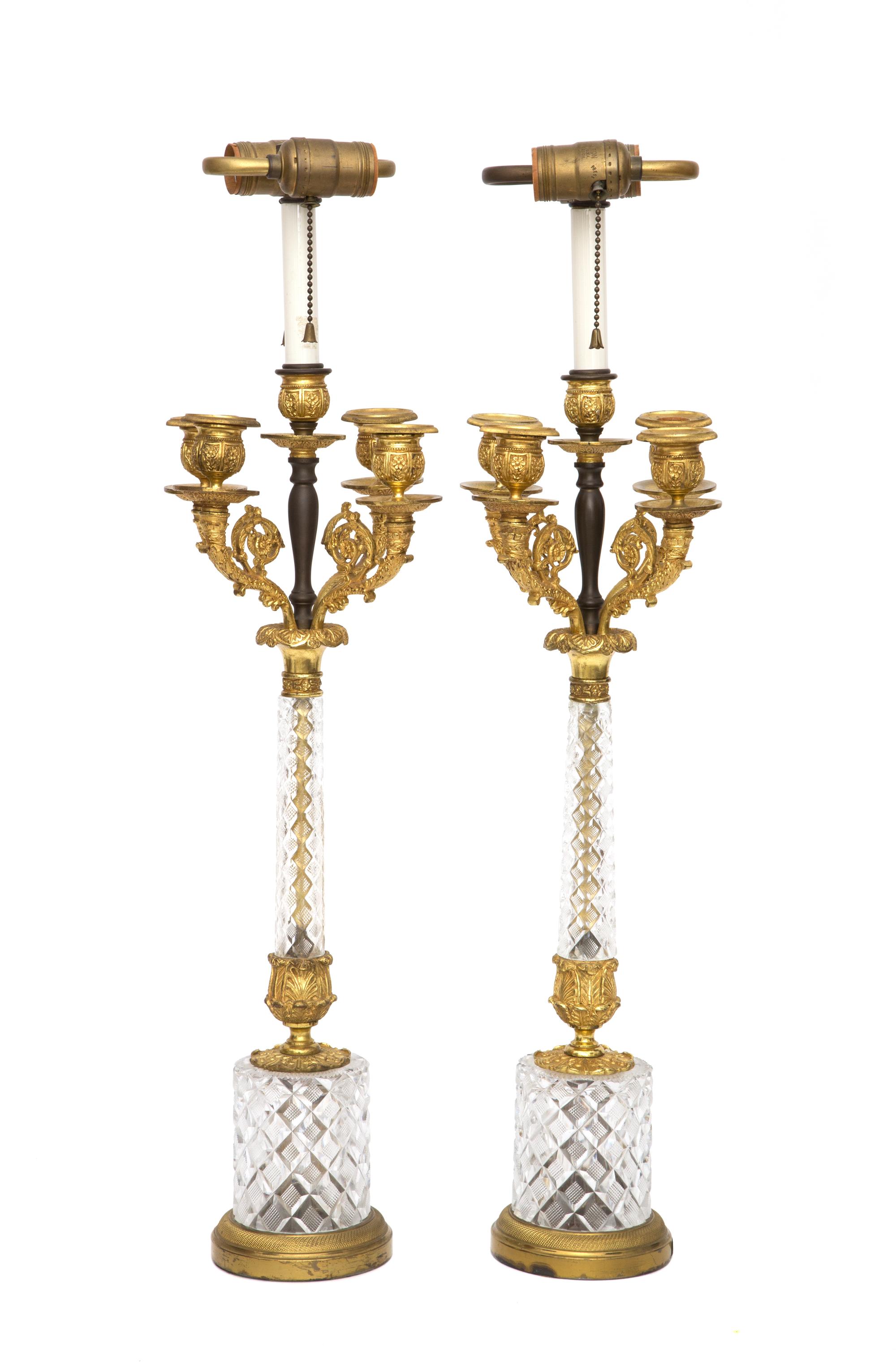 A Pair of Continental Gilt Bronze and Cut Glass Table Lamps Height 31 inches. — 20TH CENTURY