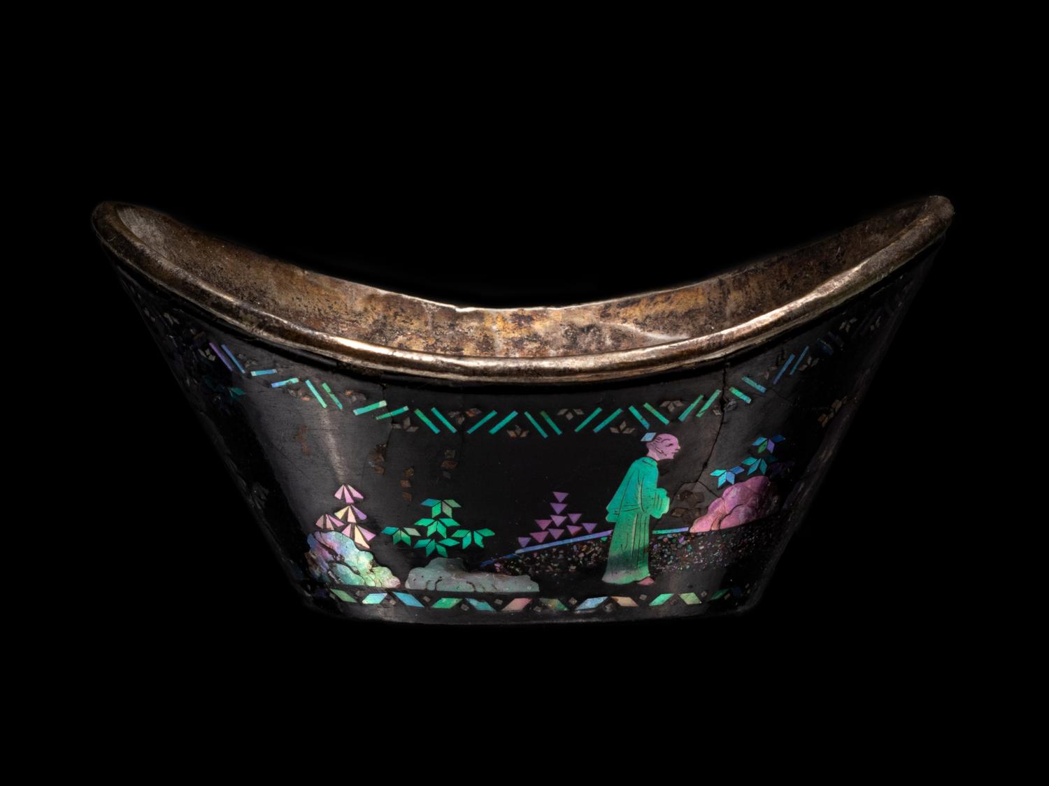 A Set of Six Mother-of-Pearl Inlaid Black Lacquer Ingot-Form Cups