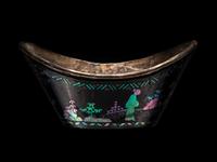 A Set of Six Mother-of-Pearl Inlaid Black Lacquer Ingot-Form Cups