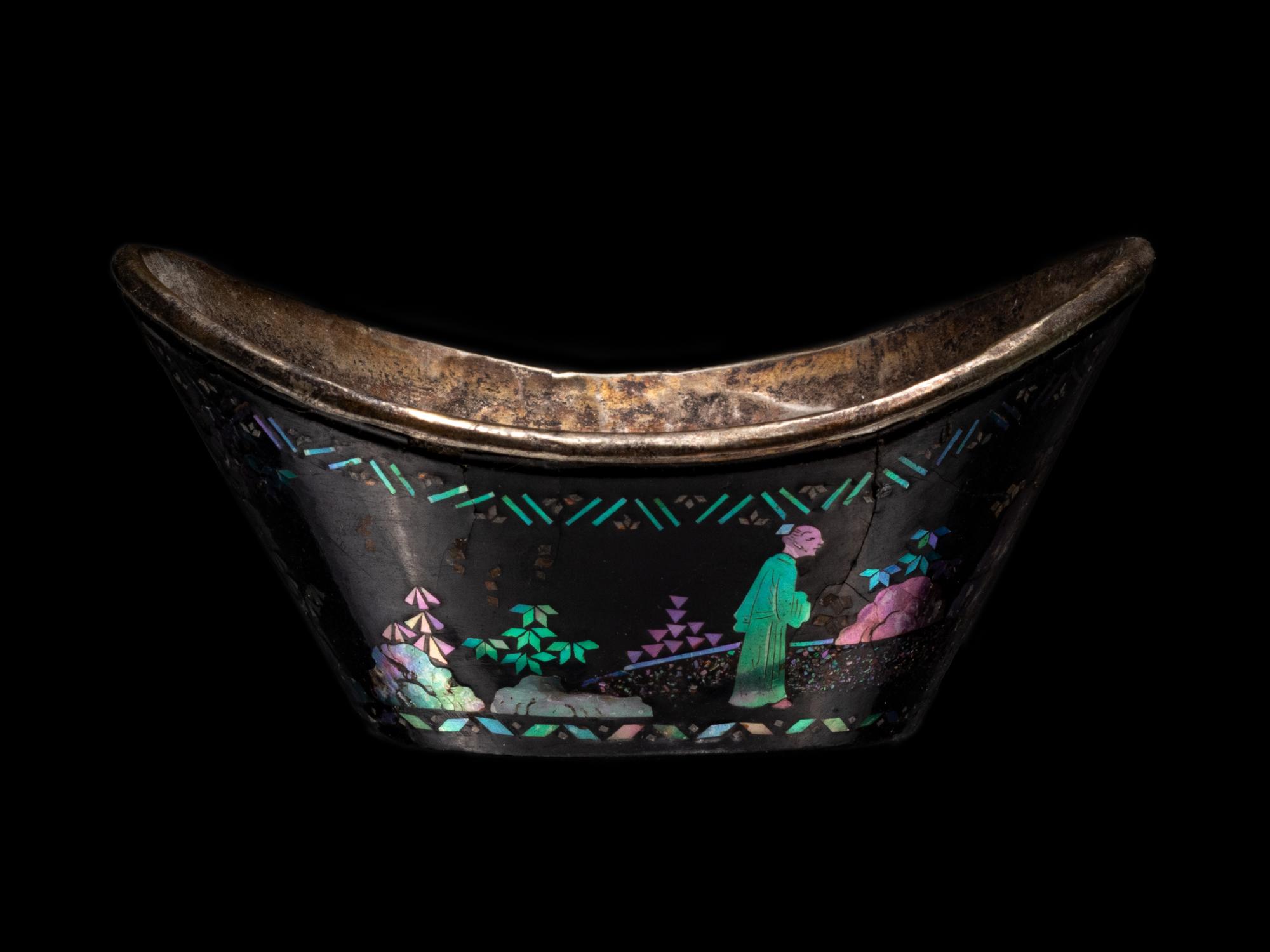 A Set of Six Mother-of-Pearl Inlaid Black Lacquer Ingot-Form Cups