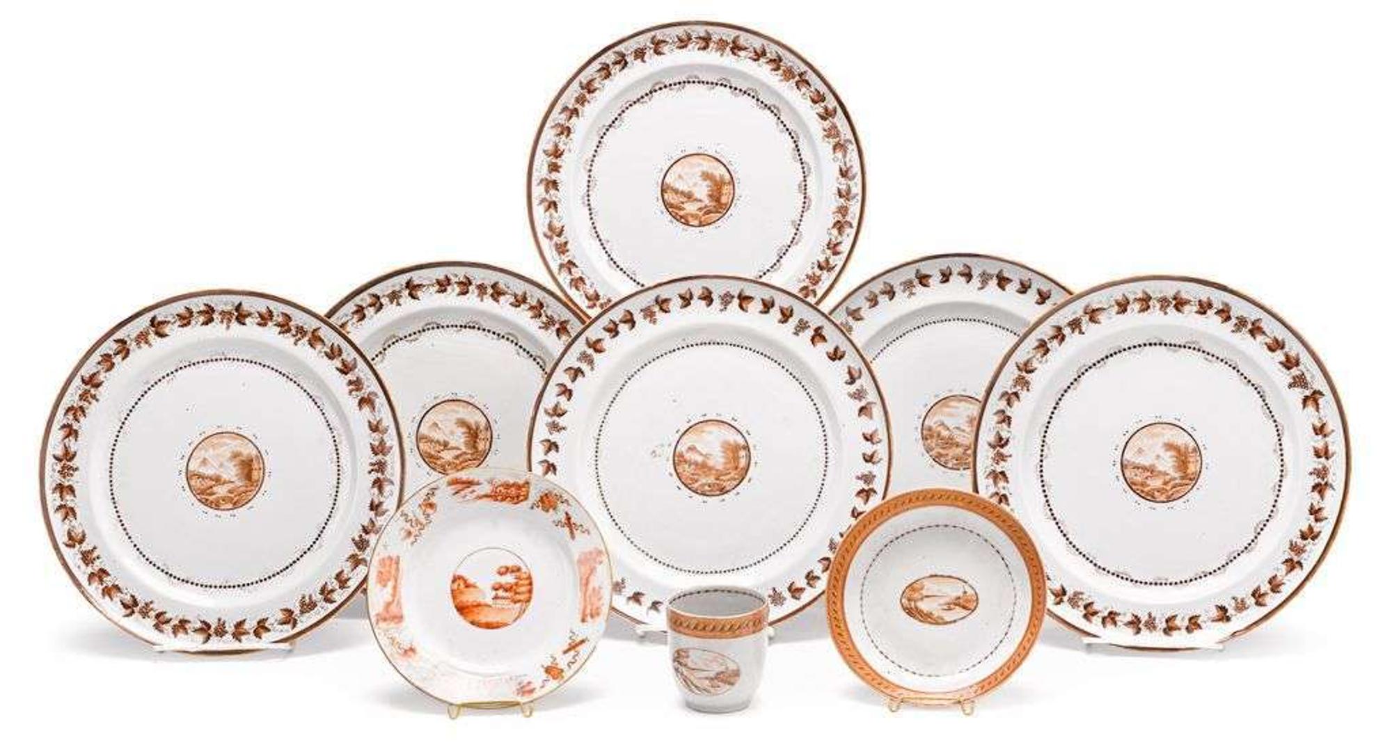 Group of Chinese Export porcelain plates and teawares decorated with sepia topographical views late 18th/19th century