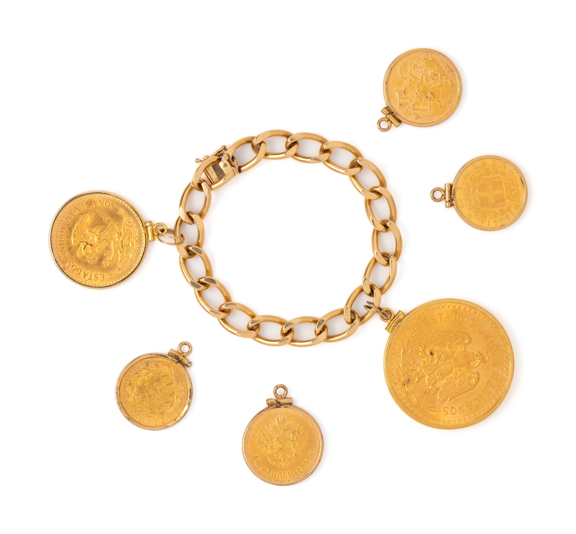 YELLOW GOLD BRACELET AND COLLECTION OF YELLOW GOLD AND COIN PENDANTS