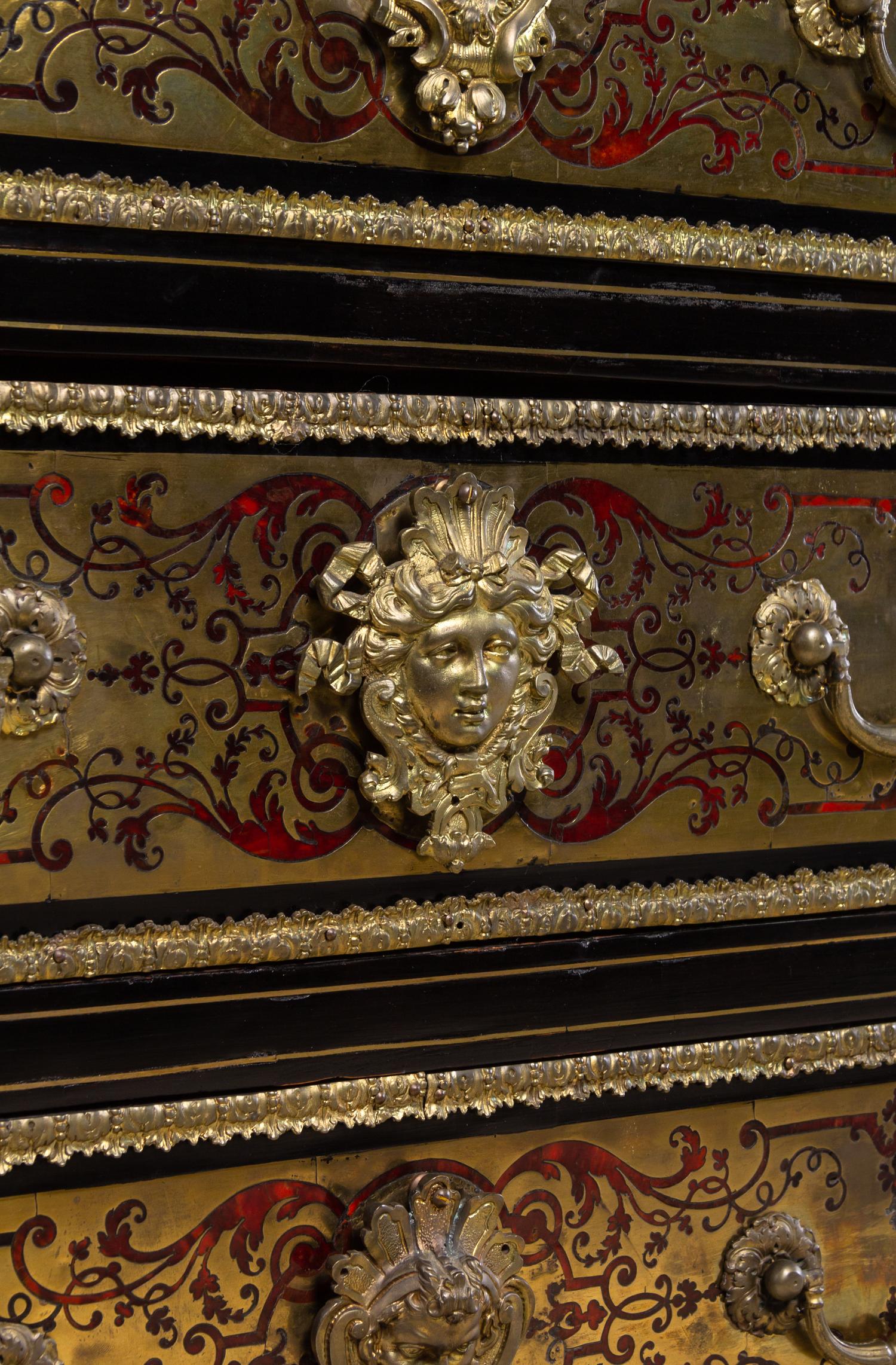 A Louis XIV Gilt Bronze Mounted Tortoise Shell and Brass Marquetry Commode in the Manner of André-Charles Boulle