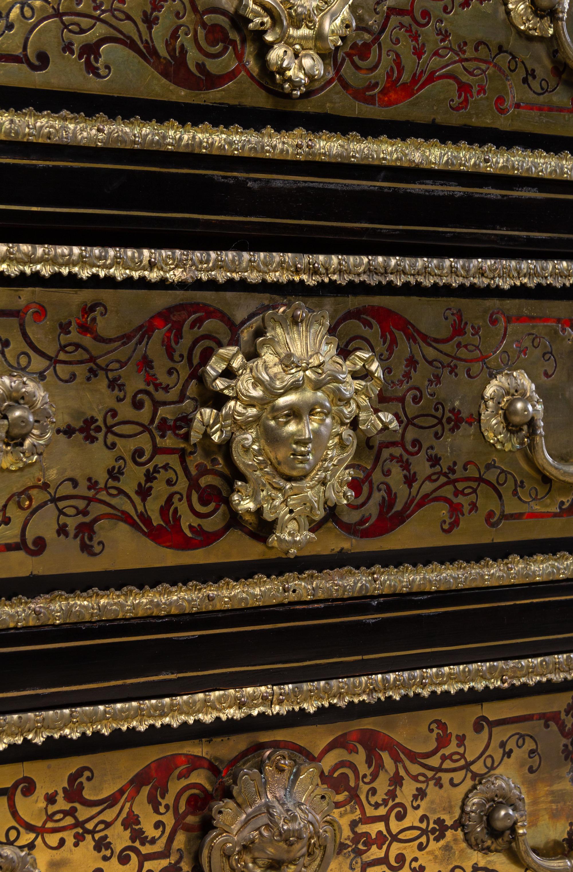 A Louis XIV Gilt Bronze Mounted Tortoise Shell and Brass Marquetry Commode in the Manner of André-Charles Boulle