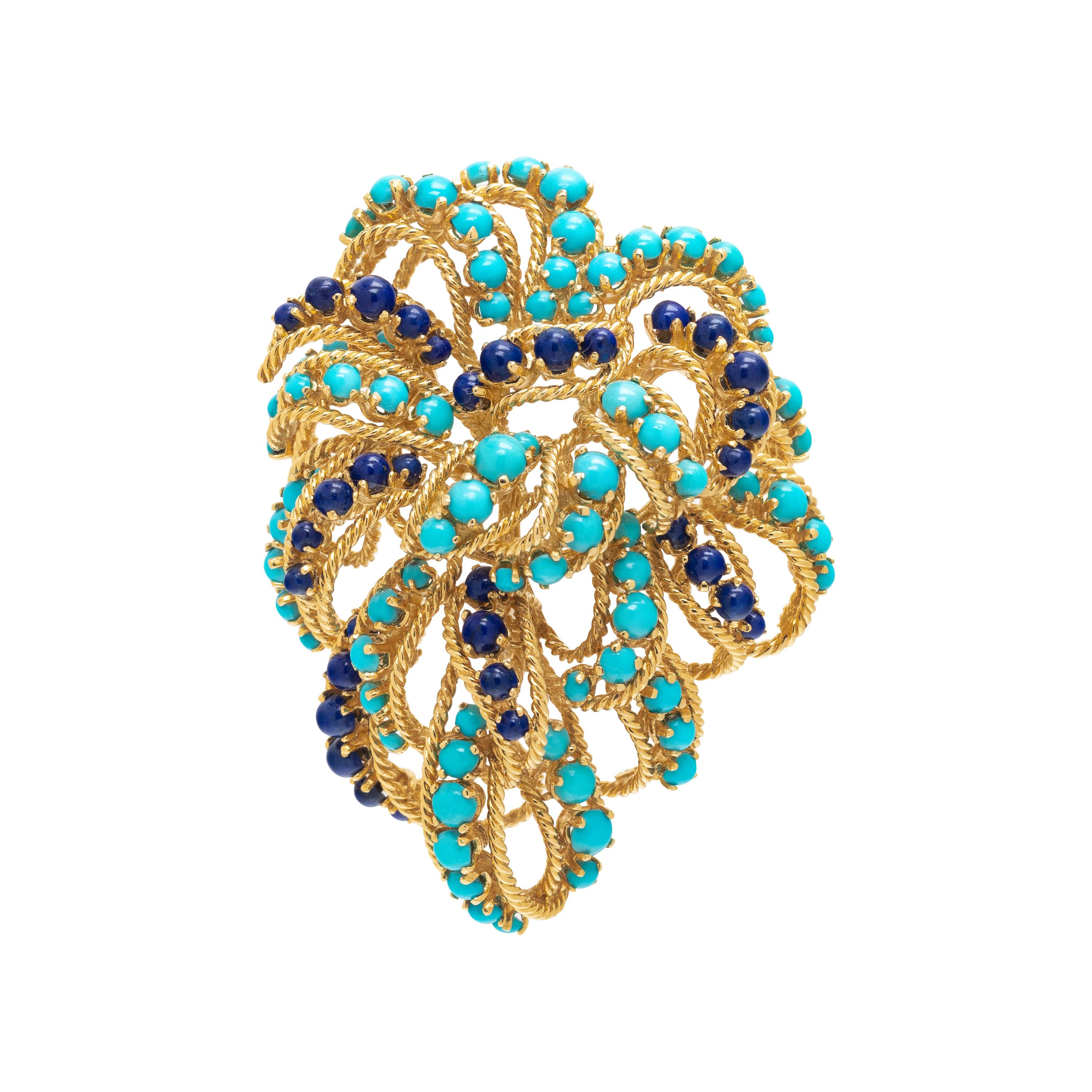 YELLOW GOLD, TURQUOISE AND LAPIS LAZULI BROOCH