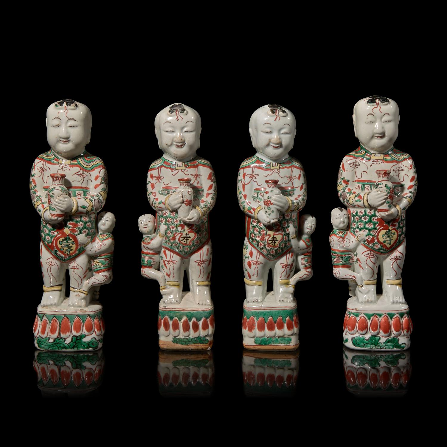 Two Pairs of Chinese Famille Verte "Boys" Figures, 18th-19th Century 清中期 五彩童子擺件兩對